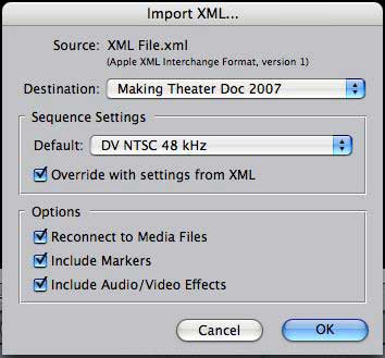 iMovie '08 XML import window in Final Cut Pro 6